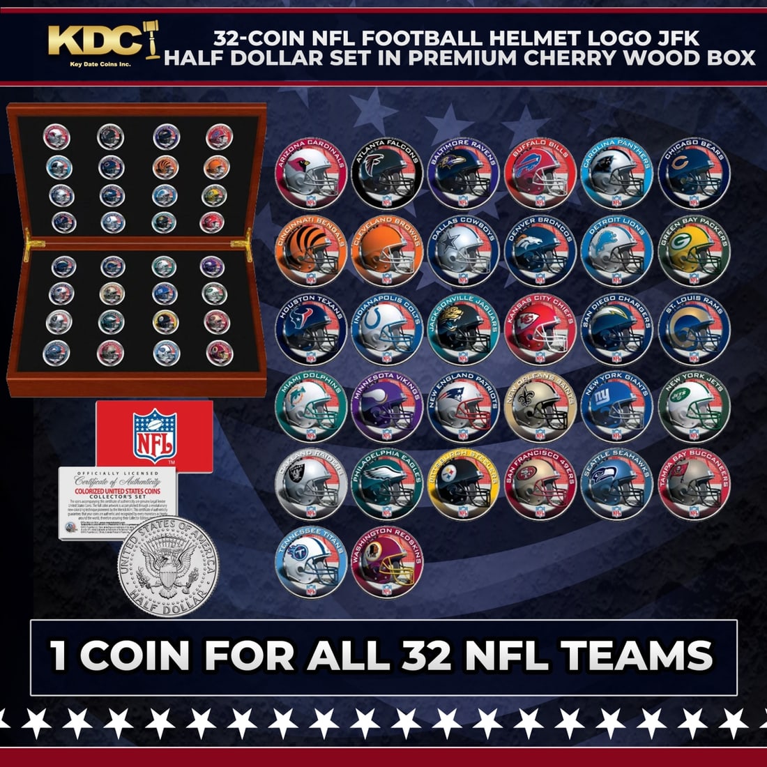 32-Coin NFL Football Helmet Logo JFK Half Dollar Set in Premium Cherry Wood Box Other Toy (1 of 3)