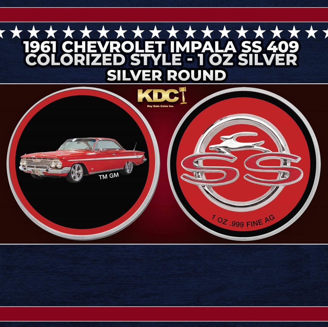 1961 Chevrolet Impala SS 409 Colorized Style - 1 oz Silver Round Round (1 of 3)