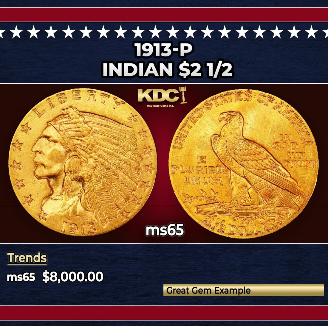 1913-p Gold Indian Quarter Eagle $2 1/2 ms65 SEGS (1 of 3)