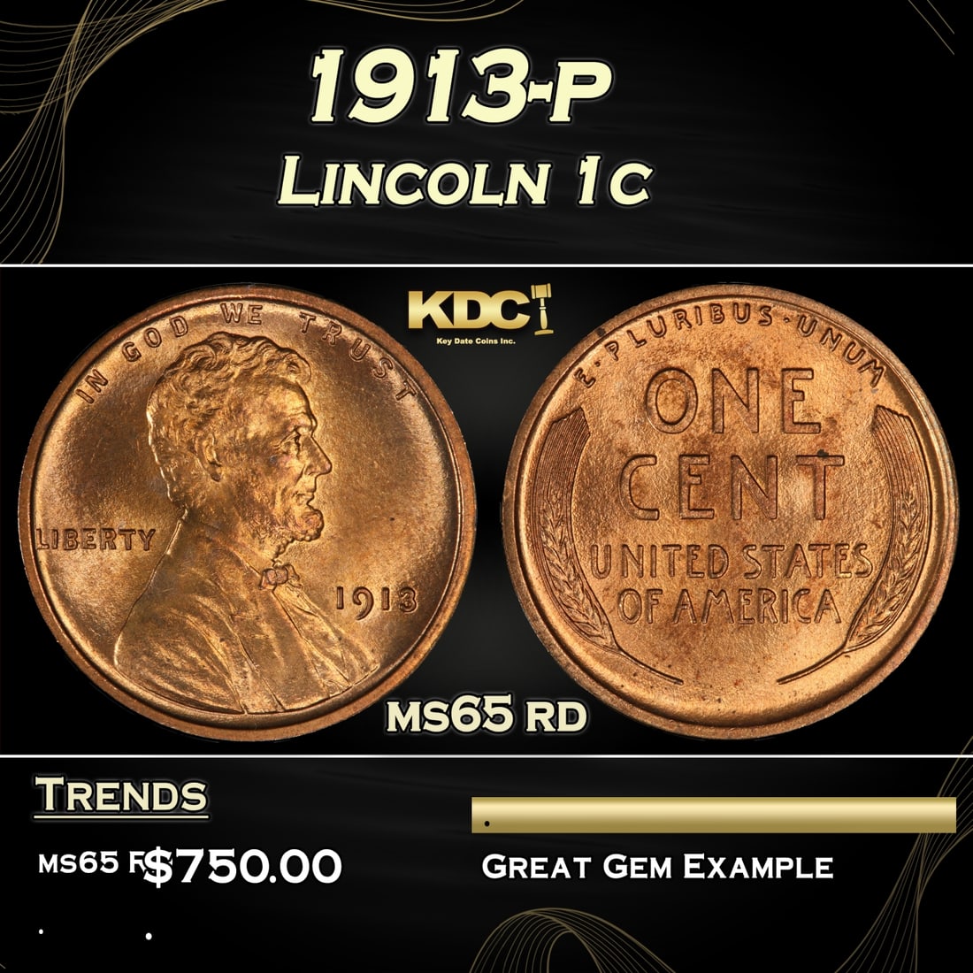 1913-p Lincoln Cent 1c Grades ms65 rd (1 of 3)