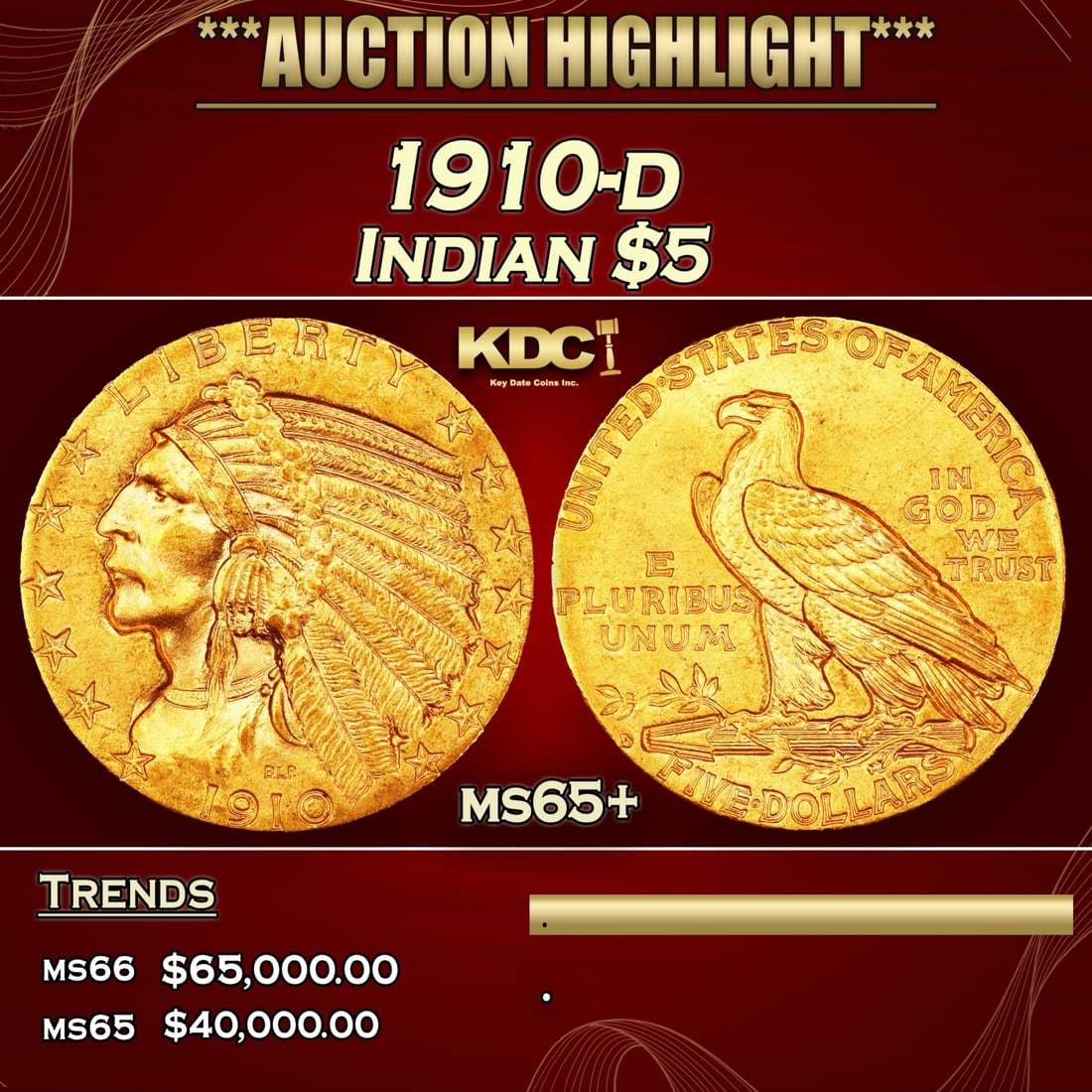 1910-d Gold Indian Half Eagle $5 ms65+ USCG (1 of 3)