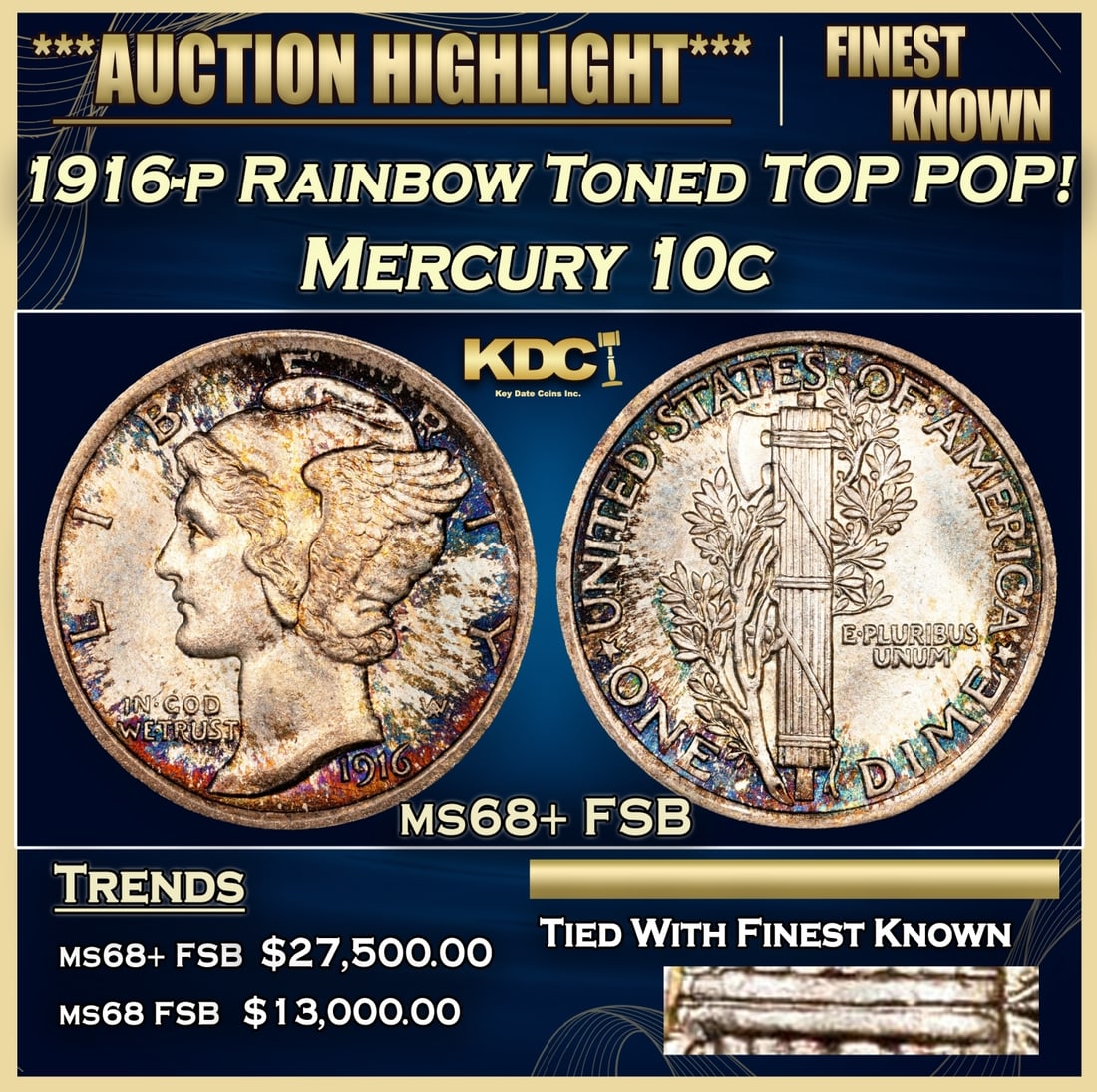 1916-p Mercury Dime Rainbow Toned TOP POP! 10c ms68+ FSB SEGS (1 of 4)