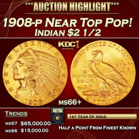 1908-p Gold Indian Quarter Eagle Near Top Pop! $2 1/2 ms66+ USCG
