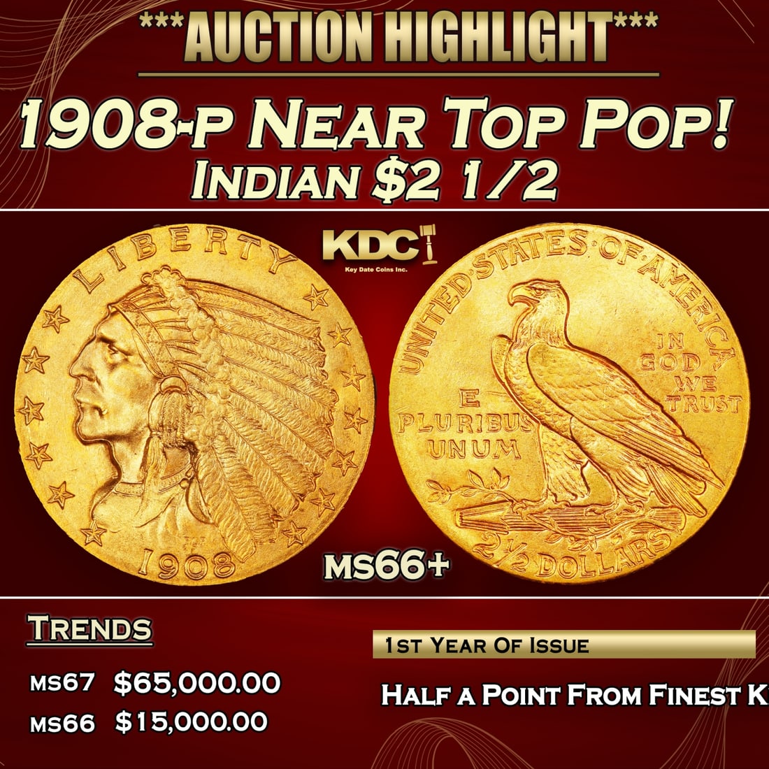 1908-p Gold Indian Quarter Eagle Near Top Pop! $2 1/2 ms66+ USCG (1 of 5)