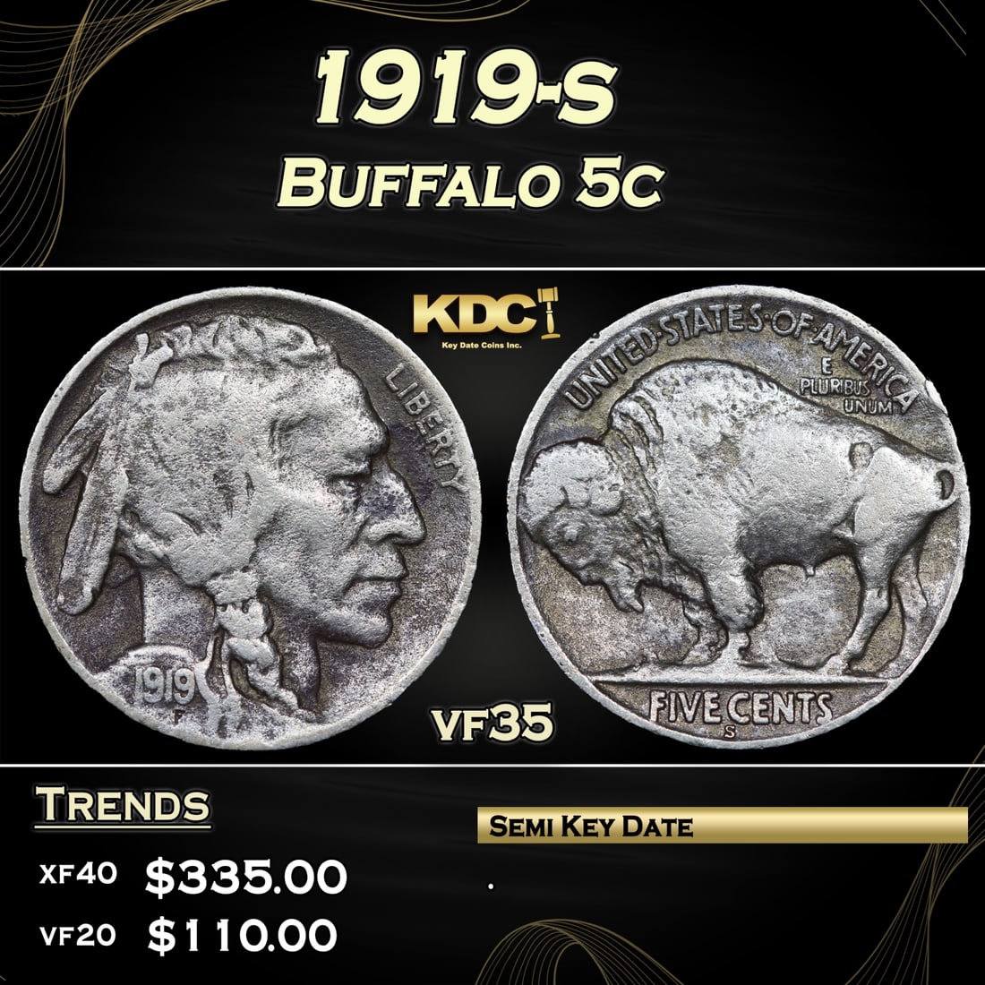 1919-s Buffalo Nickel 5c Grades vf35 (1 of 3)
