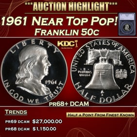 1961 Proof Franklin Half Dollar Near Top Pop! 50c pr68+ DCAM SEGS