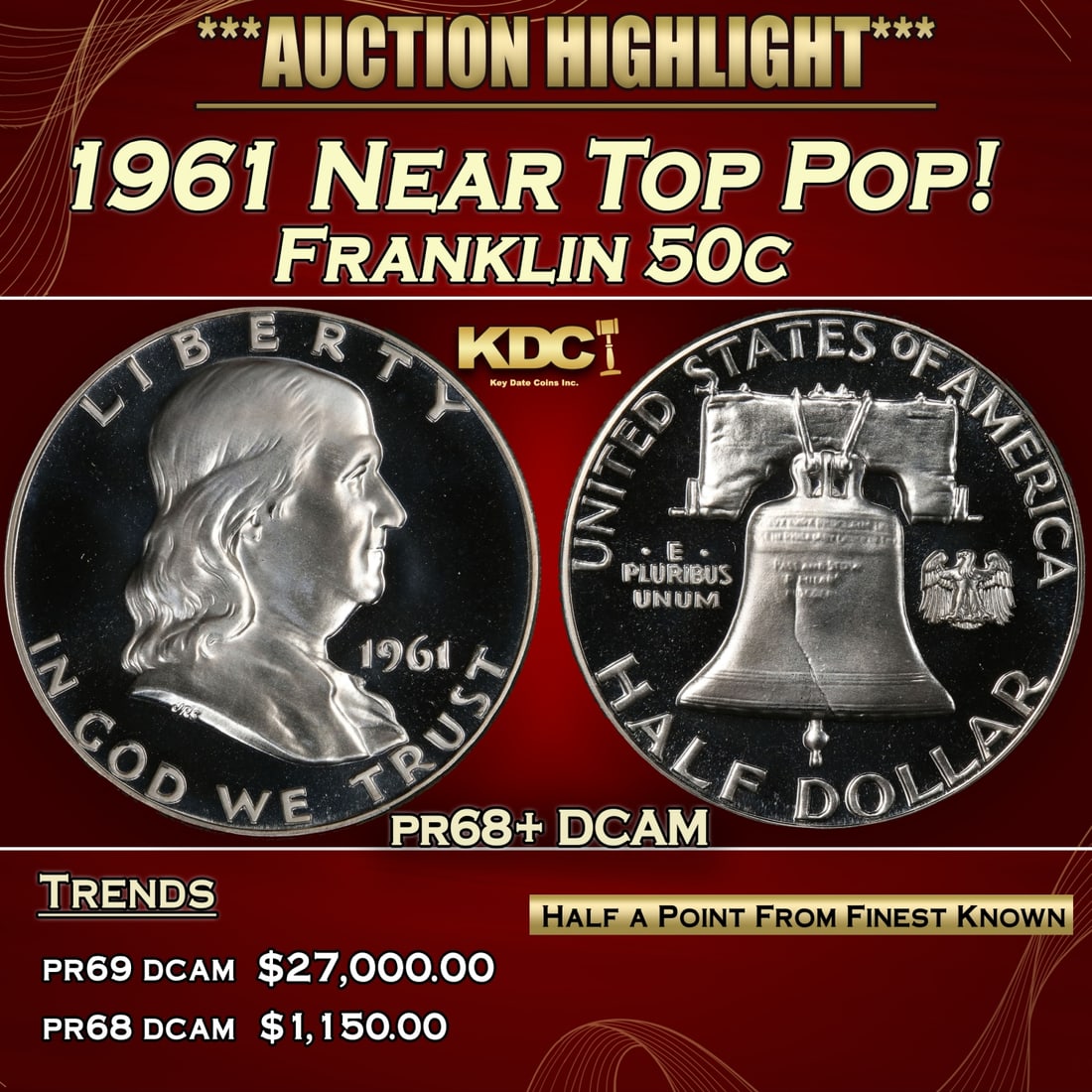 1961 Proof Franklin Half Dollar Near Top Pop! 50c pr68+ DCAM SEGS (1 of 5)