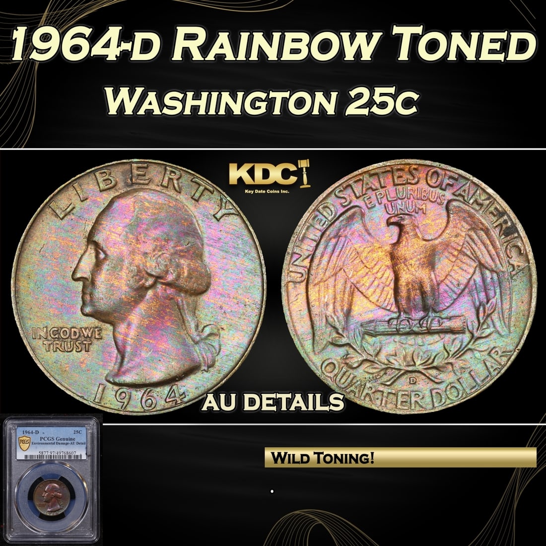 PCGS 1964-d Washington Quarter Rainbow Toned 25c au details PCGS (1 of 5)