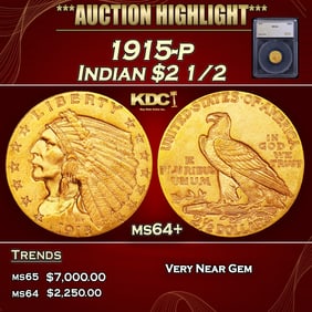 1915-p Gold Indian Quarter Eagle $2 1/2 ms64+ SEGS