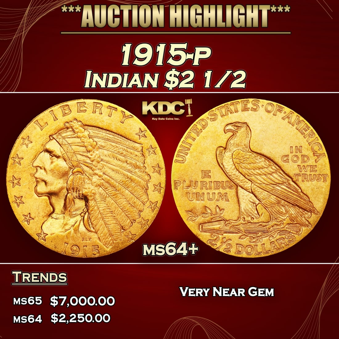 1915-p Gold Indian Quarter Eagle $2 1/2 ms64+ SEGS (1 of 5)