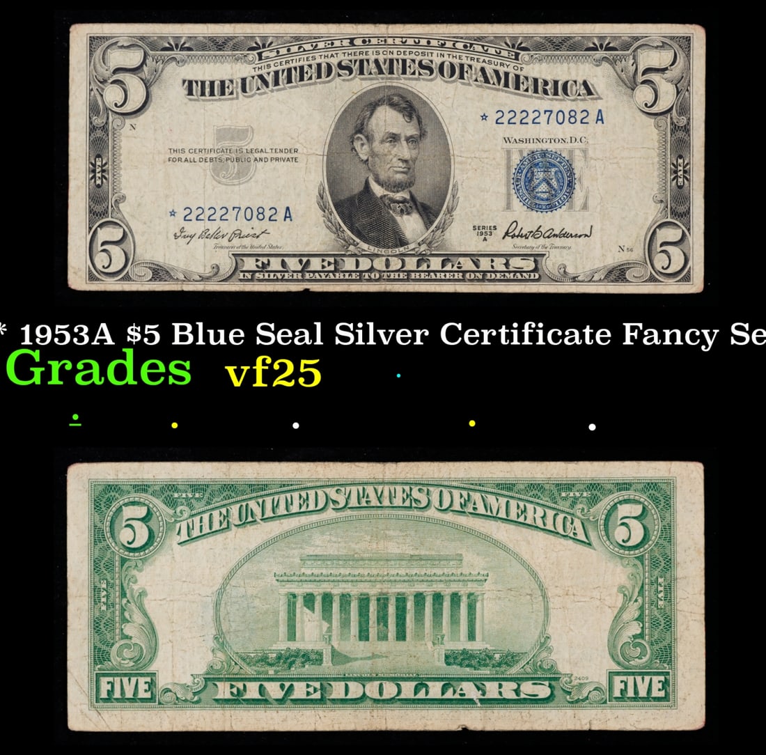 **Star Note** 1953A $5 Blue Seal Silver Certificate Fancy Serial: #22227082 Grades vf+ (1 of 4)