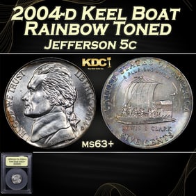 2004-d Keel Boat Jefferson Nickel Rainbow Toned 5c ms63+ USCG