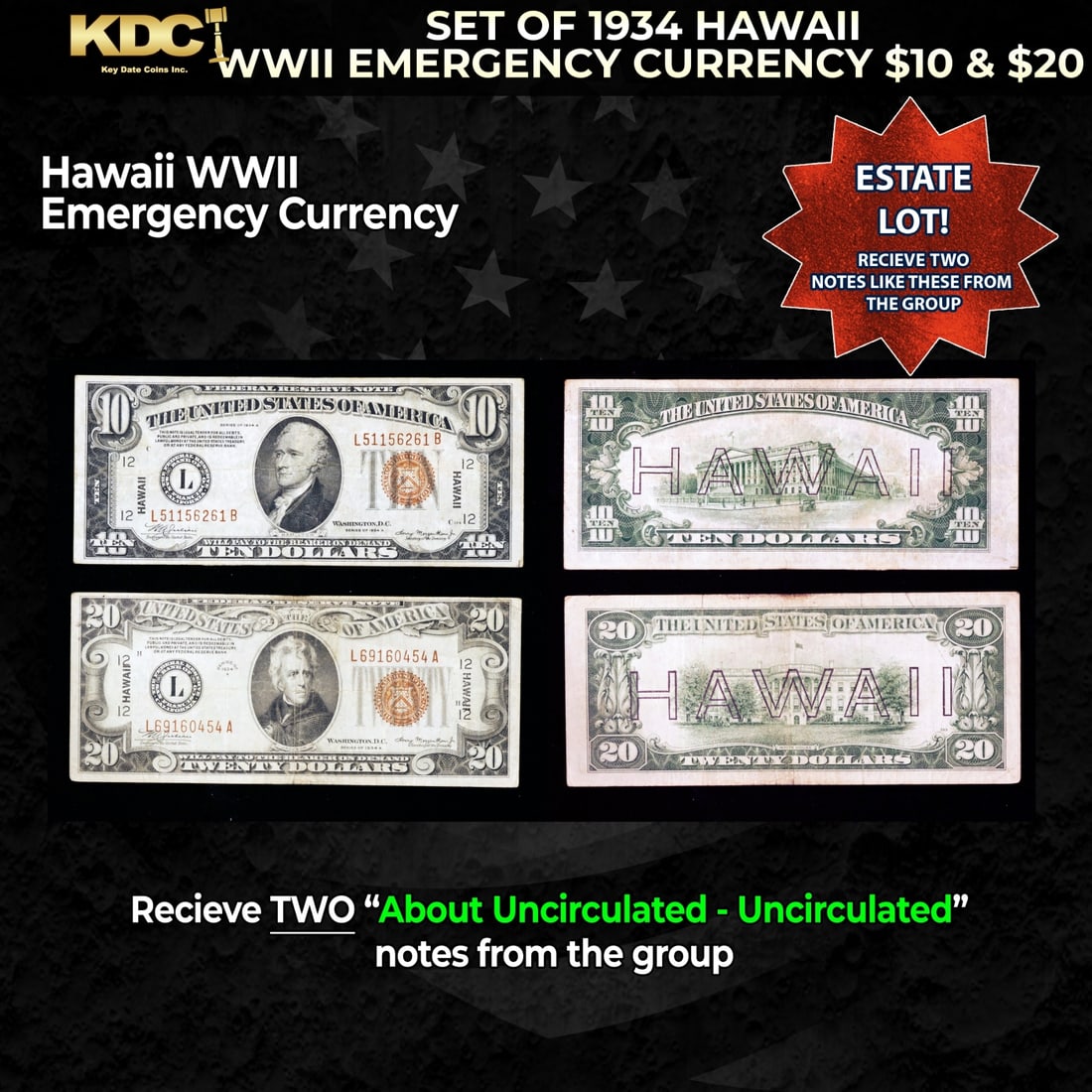 Set of 1934/1935 Hawaii WWII Emergency Currency $1 & KEY $5 Grades AU/CU (1 of 1)