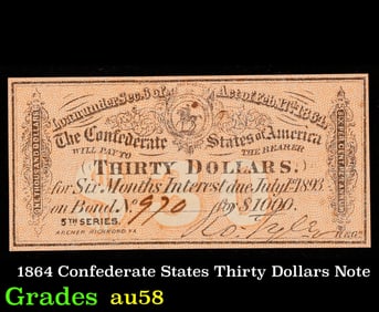 1864 Confederate States Thirty Dollars Note Grades Choice AU/BU Slider