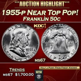 1955-p Franklin Half Dollar Near Top Pop! 50c ms67 USCG