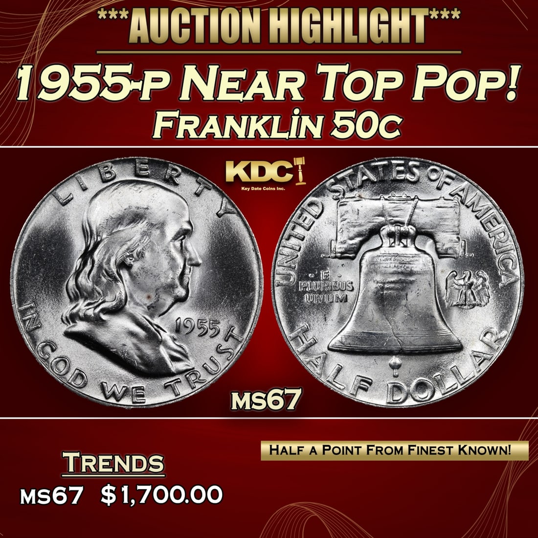 1955-p Franklin Half Dollar Near Top Pop! 50c ms67 USCG: 1955-p Near Top Pop! Franklin Half Dollar 50c ms67 USCG.