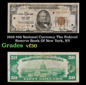 1929 $50 National Currency Federal Reserve Bank of New York NY Grades vf++