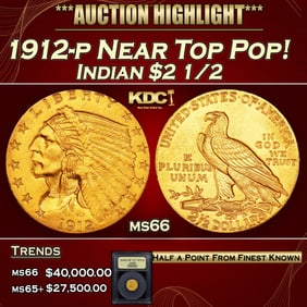 1912-p Gold Indian Quarter Eagle Near Top Pop! $2 1/2 ms66 USCG