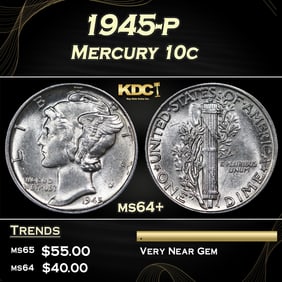1945-p Mercury Dime 10c Grades ms64+