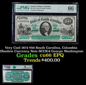Very Cool 1872 $50 South Carolina, Columbia Obsolete Currency Note SCCR-8 George Washington cu66 EPQ