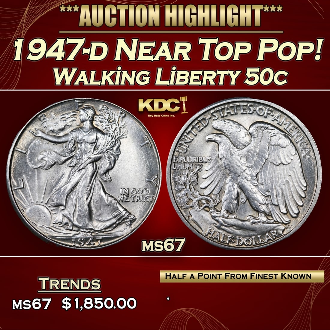 1947-d Walking Liberty Half Dollar Near Top Pop! 50c ms67 SEGS (1 of 5)