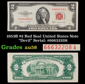 1953B $2 Red Seal United States Note "Devil" Serial: #66632208 Grades Choice AU/BU Slider