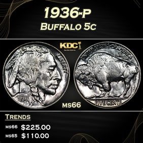 1936-p Buffalo Nickel 5c Grades ms66