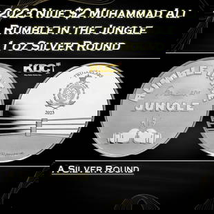 2023 Niue $2 Muhammad Ali Rumble in the Jungle Coin - 1 oz Silver Round Round: 2023 Niue $2 Muhammad Ali Rumble in the Jungle Coin - 1 oz Silver Round. 1oz limited mintage coin featuring the greatest fighter of all time, Muhammad Ali, and the iconic Rumble in the Jungle