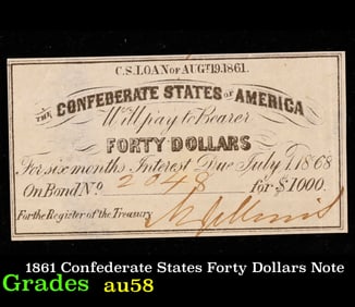 1861 Confederate States Forty Dollars Note Grades Choice AU/BU Slider