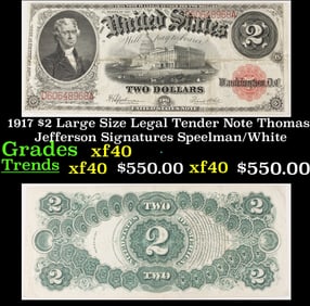 1917 $2 Large Size Legal Tender Note Thomas Jefferson Grades xf Signatures Speelman/White