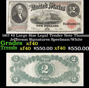 1917 $2 Large Size Legal Tender Note Thomas Jefferson Grades xf Signatures Speelman/White: 1917 $2 Large Size Legal Tender Note Thomas Jefferson Grades xf Signatures Speelman/White. FR-60 This 1917 $2 Jefferson Legal Tender Currency Note is only the second two dollar bill in history. It