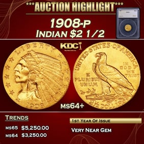 1908-p Gold Indian Quarter Eagle $2 1/2 ms64+ SEGS