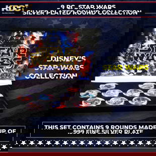 9 Coin Star Wars Silver Plated Round Collection: 9 Coin Star Wars Silver Plated Round Collection. 10 OZ .999 Fine Silver Set General Motors Collection. This set contains ten 1 oz rounds of .999 Fine Silver from The General Motors