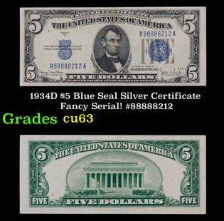 1934D $5 Blue Seal Silver Certificate Fancy Serial! #88888212 Grades Select CU: 1934D $5 Blue Seal Silver Certificate Fancy Serial! #88888212 Grades Select CU. Fr-1654 1934 $5 silver certificates actually come in five different varieties. There are series of 1934, 1934A,