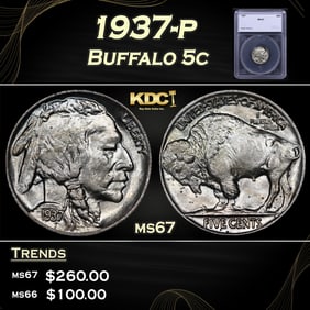 1937-p Buffalo Nickel 5c ms67 SEGS