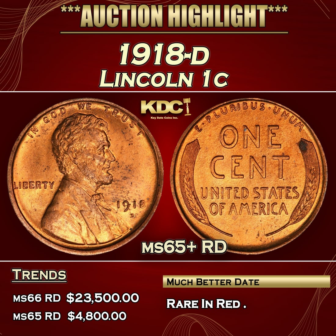 1918-d Lincoln Cent 1c ms65+ RD SEGS (1 of 5)