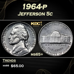 1964-p Jefferson Nickel 5c Grades ms65+