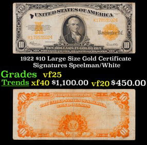 1922 $10 Large Size Gold Certificate Grades vf+ Signatures Speelman/White
