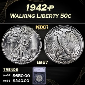 1942-p Walking Liberty Half Dollar 50c ms67 SEGS
