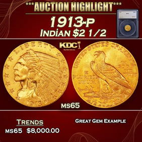 1913-p Gold Indian Quarter Eagle $2 1/2 ms65 SEGS