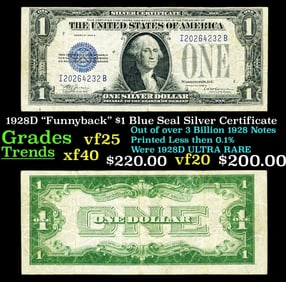 1928D $1 Blue Seal Silver Certificate "Funnyback" Grades vf+