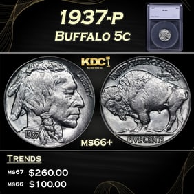 1937-p Buffalo Nickel 5c ms66+ SEGS