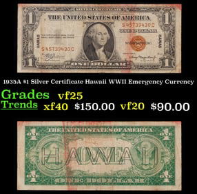 1935A $1 Silver Certificate Hawaii WWII Emergency Currency Grades vf+