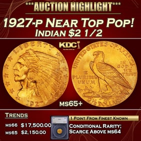 1927-p Gold Indian Quarter Eagle Near Top Pop! $2 1/2 ms65+ SEGS