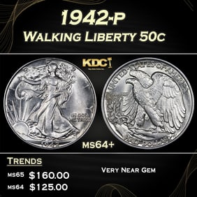 1942-p Walking Liberty Half Dollar 50c Grades ms64+