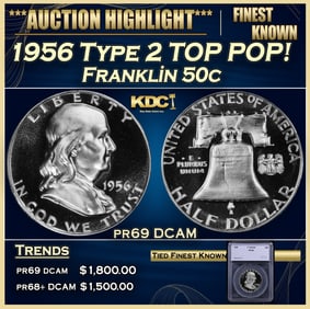 1956 Type 2 Proof Franklin Half Dollar TOP POP! 50c pr69 DCAM SEGS