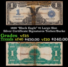 1899 $1 large size Silver Certificate "Black Eagle" Grades vf+ Signatures Teehee/Burke