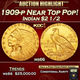 1909-p Gold Indian Quarter Eagle Near Top Pop! $2 1/2 ms66 USCG