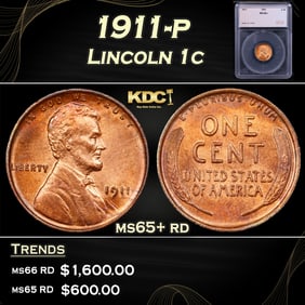 1911-p Lincoln Cent 1c ms65+ rd SEGS