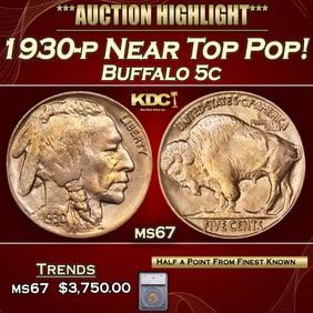 1930-p Buffalo Nickel Near Top Pop! 5c ms67 SEGS